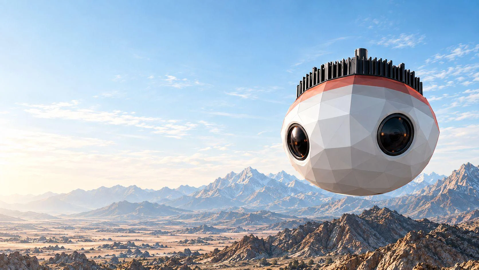 Deikta faceted multi-camera payload with recessed lenses and an upper heat sink, shown over a mountain landscape